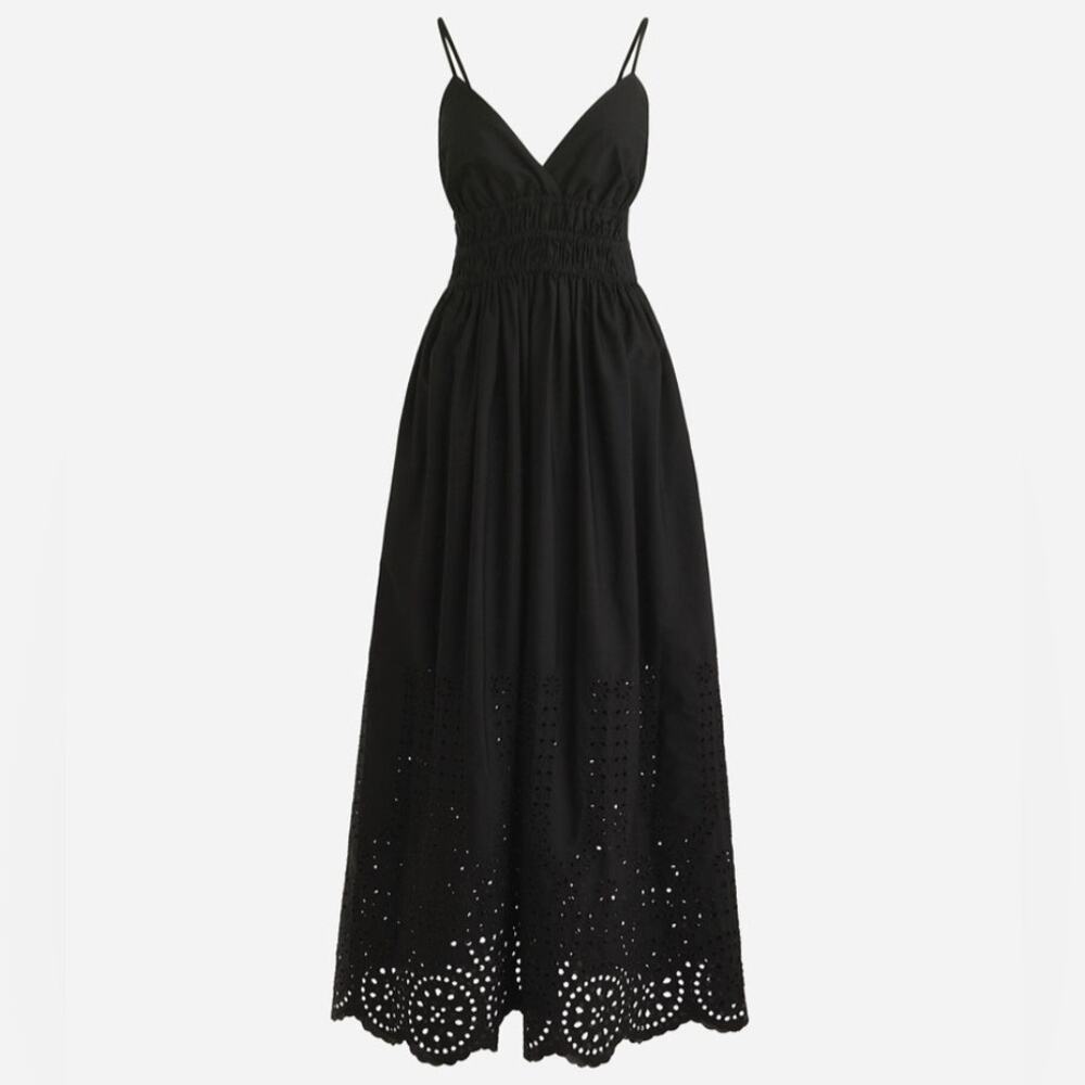 J. Crew NWT Black Cotton Poplin Midi Dress Eyelet Hem Smocked Waist Size 2P